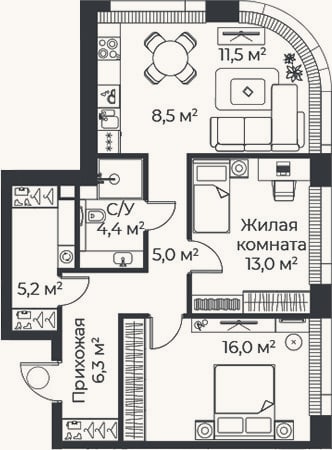 Планировка: 3-к, 69,9 м²