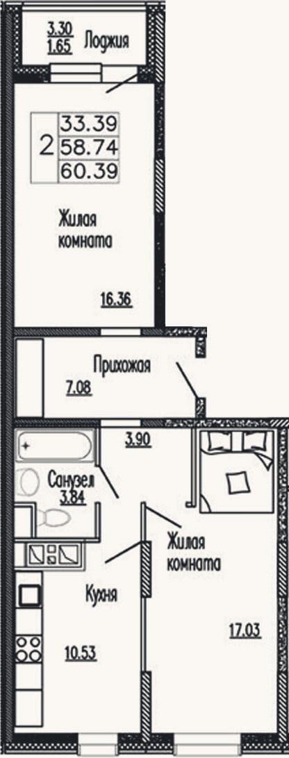 Планировка: 2-к, 58,7 м²