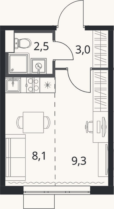 Планировка: Студия, 22,9 м²