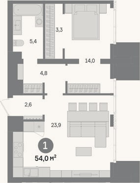 Планировка: 1-к, 54 м²