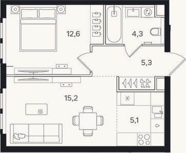 Планировка: 2-к, 42,5 м²