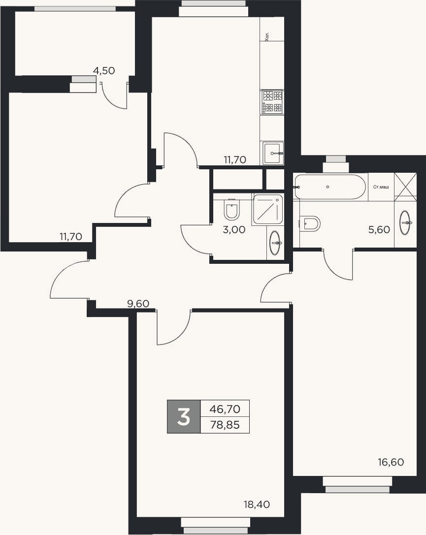Планировка: 3-к, 76,6 м²