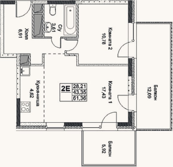 Планировка: 2-к, 43,4 м²