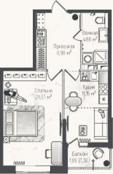 Планировка: 2-к, 45,1 м²