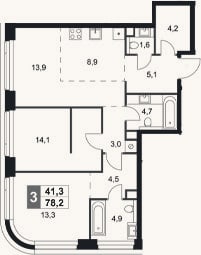 Планировка: 3-к, 78,2 м²