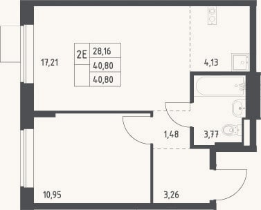 Планировка: 2-к, 40,8 м²