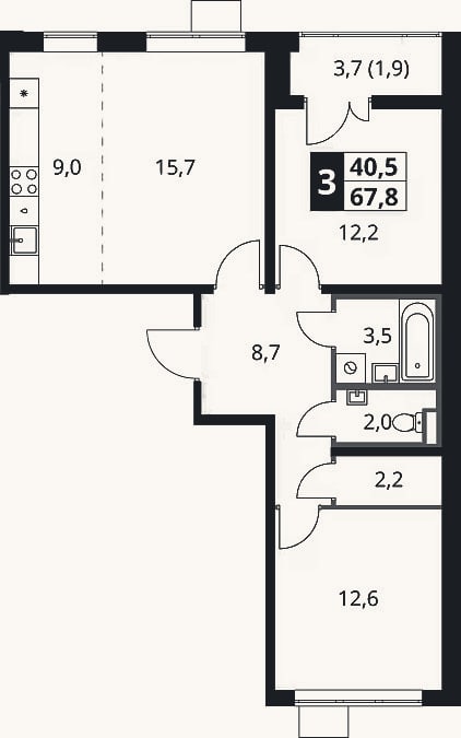 Планировка: 3-к, 65,9 м²