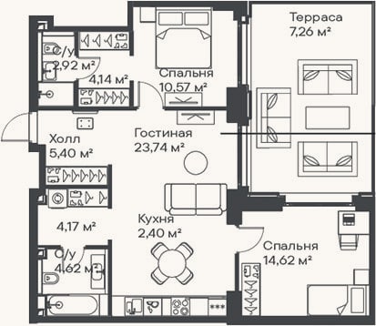 Планировка: 3-к, 72,6 м²