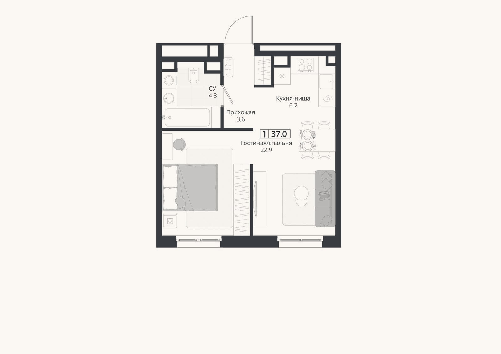 Планировка: Студия, 37 м²