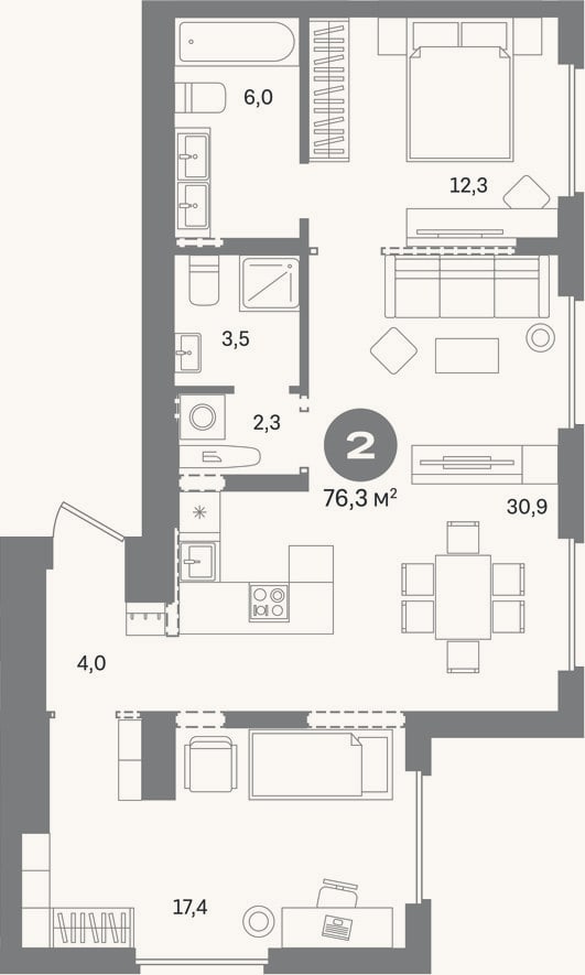 Планировка: 2-к, 76,3 м²