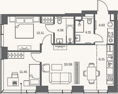 Планировка: 3-к, 64,6 м²