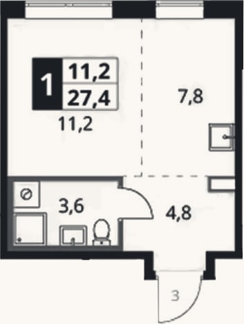 Планировка: Студия, 27,4 м²