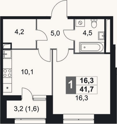 Планировка: 1-к, 40,1 м²