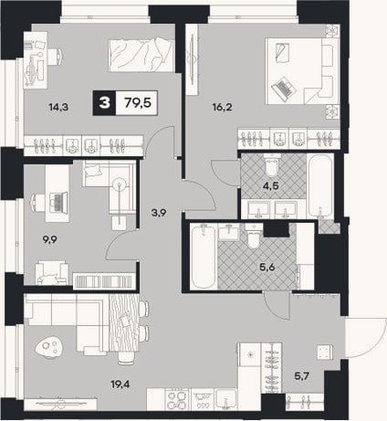 Планировка: 3-к, 79,5 м²