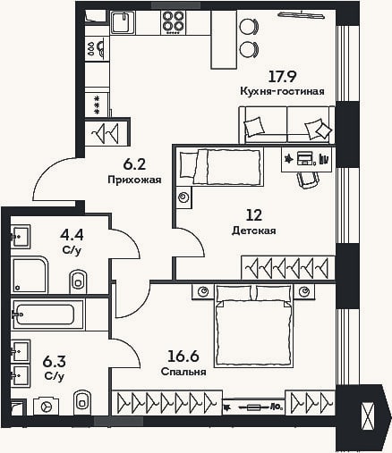 Планировка: 3-к, 63,4 м²