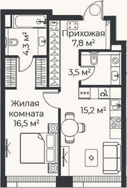 Планировка: 1-к, 47,4 м²