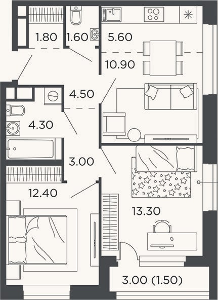 Планировка: 3-к, 57,4 м²