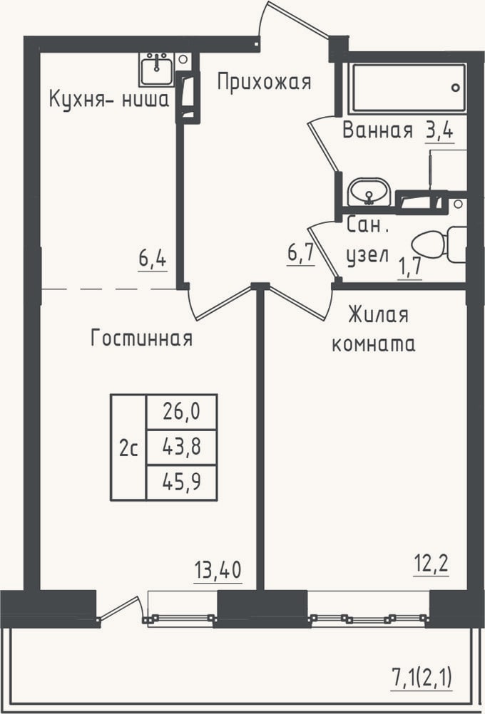 Планировка: 1-к, 43,8 м²