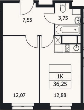 Планировка: 1-к, 36,3 м²
