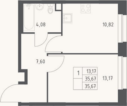Планировка: 1-к, 35,7 м²