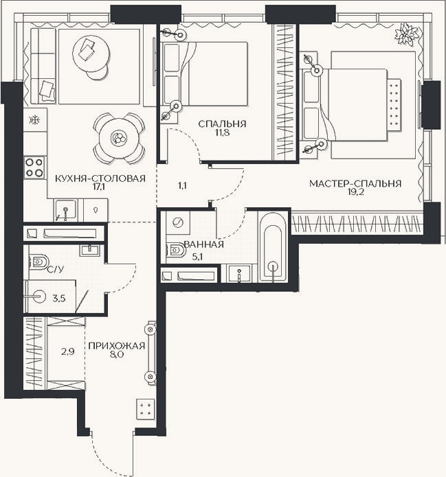 Планировка: 2-к, 68,7 м²