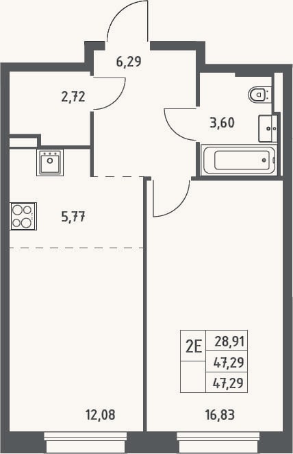 Планировка: 2-к, 47,3 м²