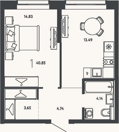 Планировка: 1-к, 40,9 м²
