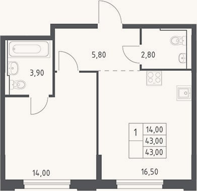 Планировка: 2-к, 43 м²