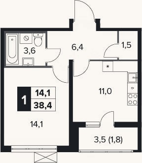 Планировка: 1-к, 36,6 м²