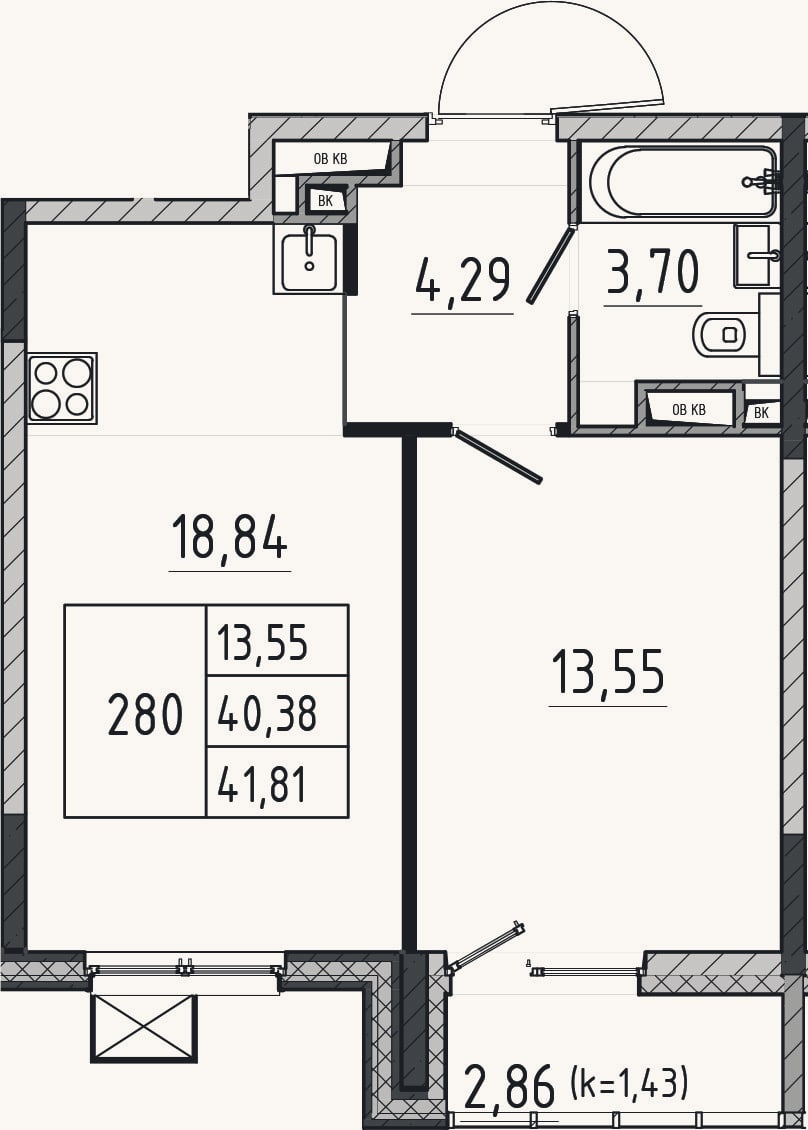 Планировка: 2-к, 40,4 м²