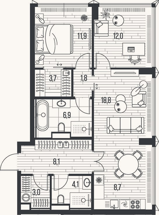 Планировка: 3-к, 79 м²