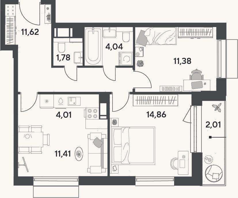 Планировка: 3-к, 59,1 м²