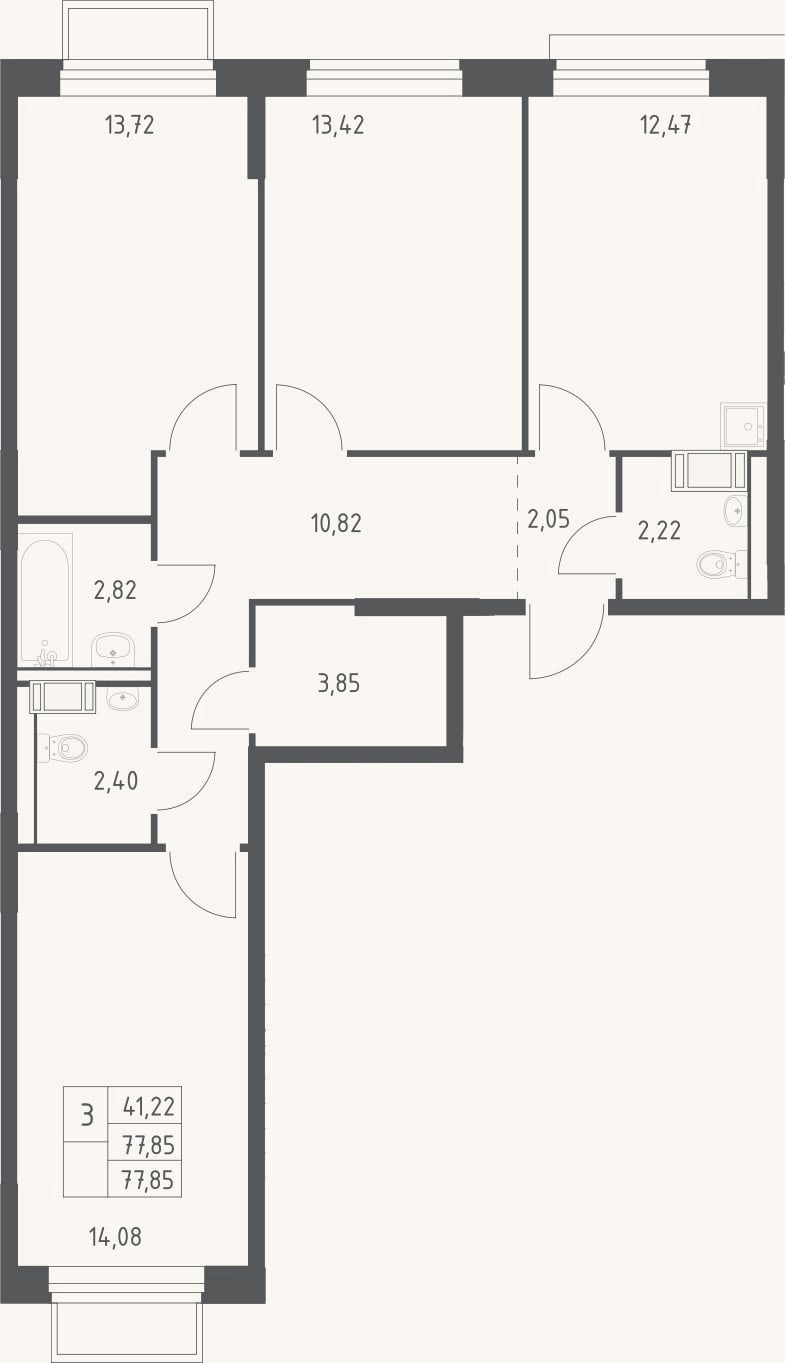 Планировка: 3-к, 77,9 м²