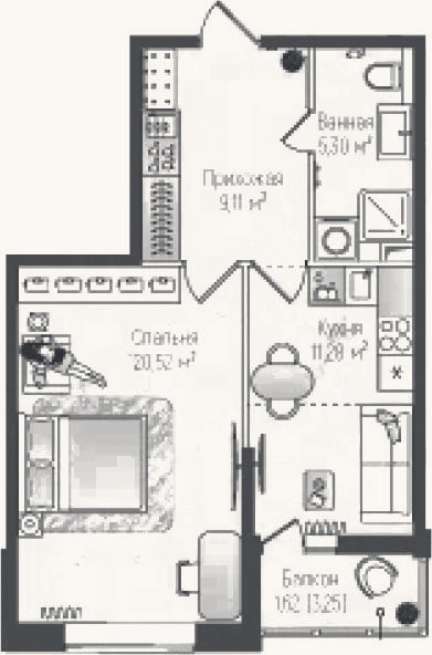 Планировка: 1-к, 46,2 м²
