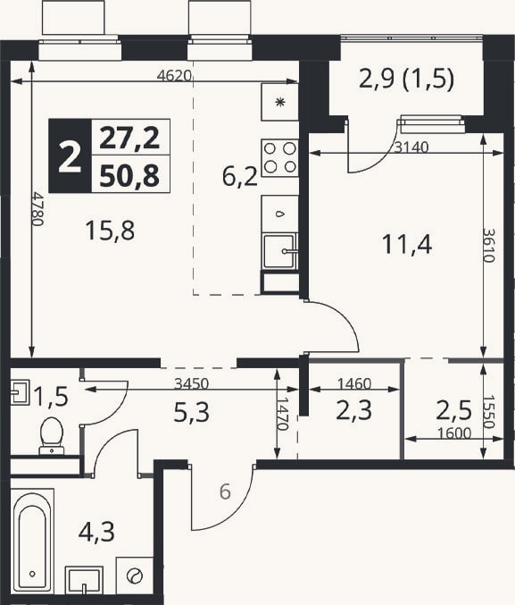 Планировка: 2-к, 49,3 м²