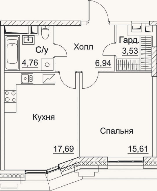 Планировка: 1-к, 48,5 м²