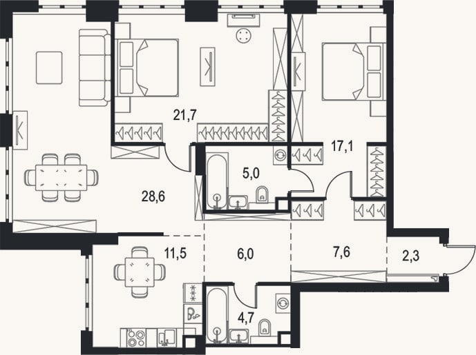Планировка: 3-к, 104,5 м²