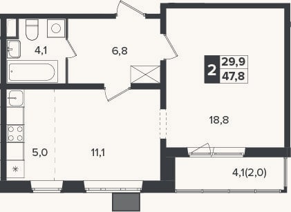 Планировка: 2-к, 45,8 м²