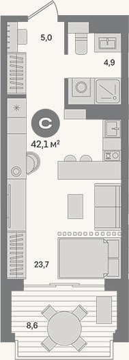 Планировка: Студия, 33,5 м²