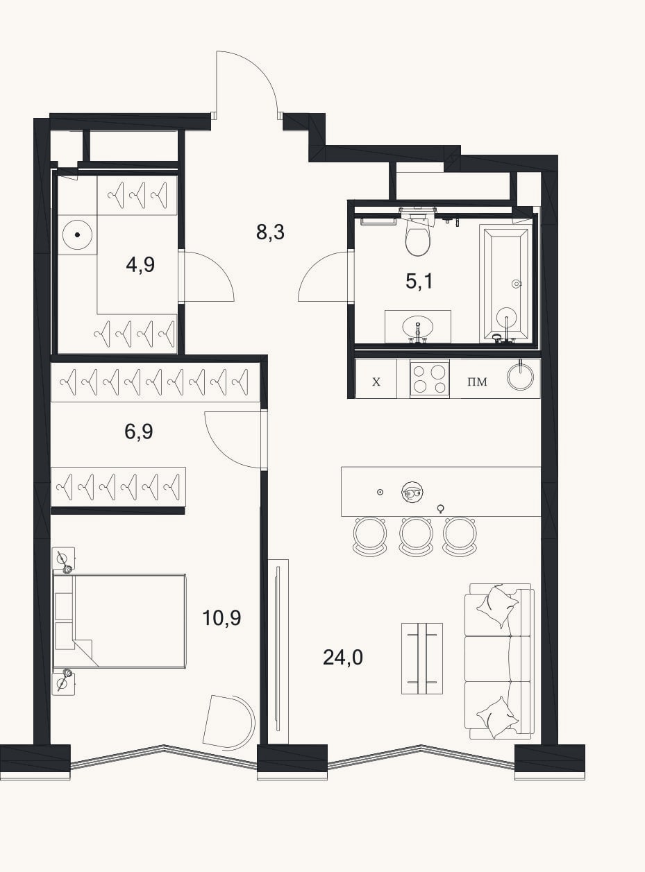 Планировка: 2-к, 60,1 м²