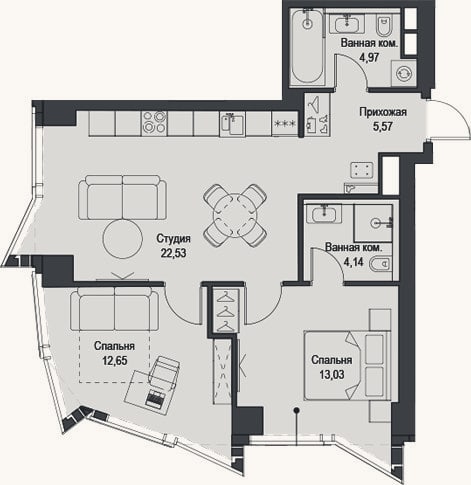 Планировка: 3-к, 62,9 м²
