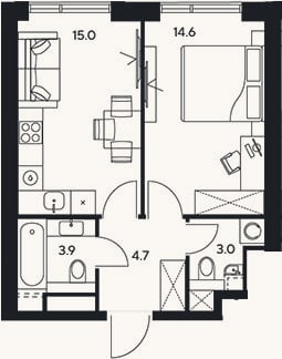 Планировка: 1-к, 41,2 м²