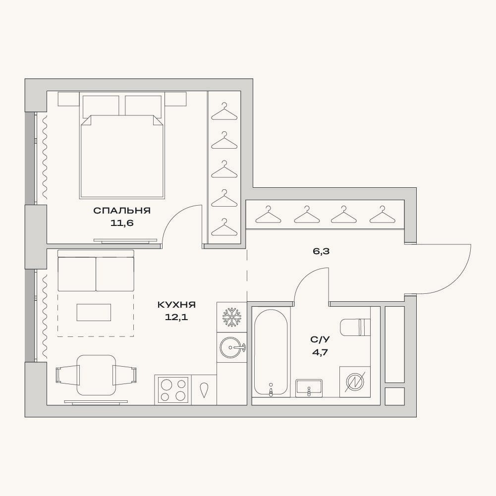 Планировка: 1-к, 34,7 м²