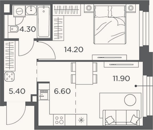 Планировка: 2-к, 44 м²