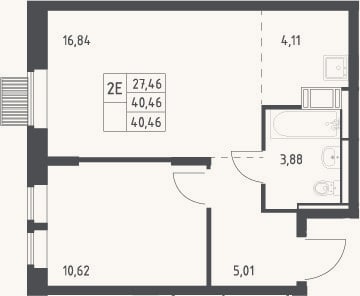 Планировка: 2-к, 40,5 м²