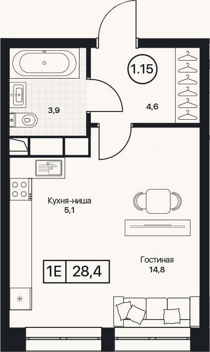 Планировка: Студия, 28,4 м²