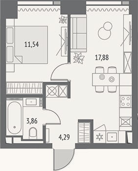 Планировка: 2-к, 38,4 м²