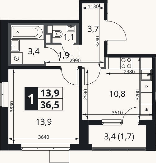 Планировка: 1-к, 34,8 м²