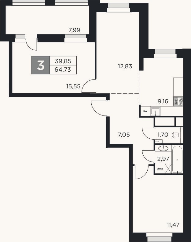 Планировка: 3-к, 60,7 м²