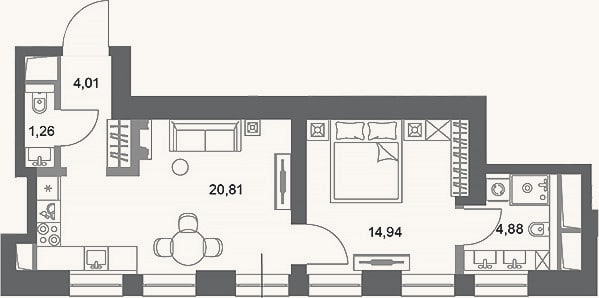 Планировка: 1-к, 45,9 м²
